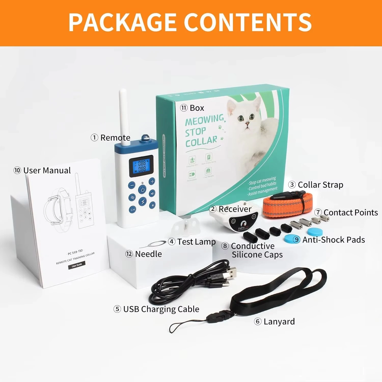2 IN 1 Auto Anti-Meow and Cat Training Collar, Cat Shock Collar with Remote, Rechargeable Cat Stop Meowing Collar for Pet Cat - Image 5