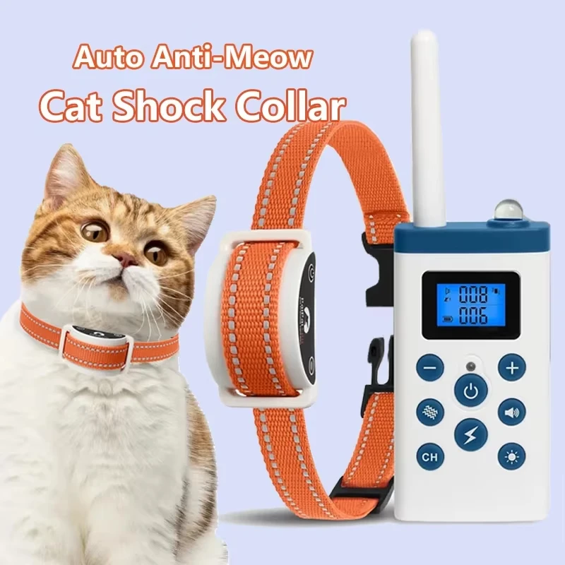 2 IN 1 Auto Anti-Meow and Cat Training Collar, Cat Shock Collar with Remote, Rechargeable Cat Stop Meowing Collar for Pet Cat